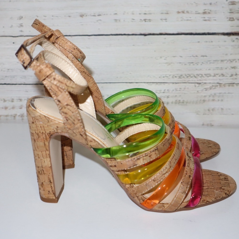 Jessica Simpson Cork Block Heel Sandals with Rainbow PVC Straps